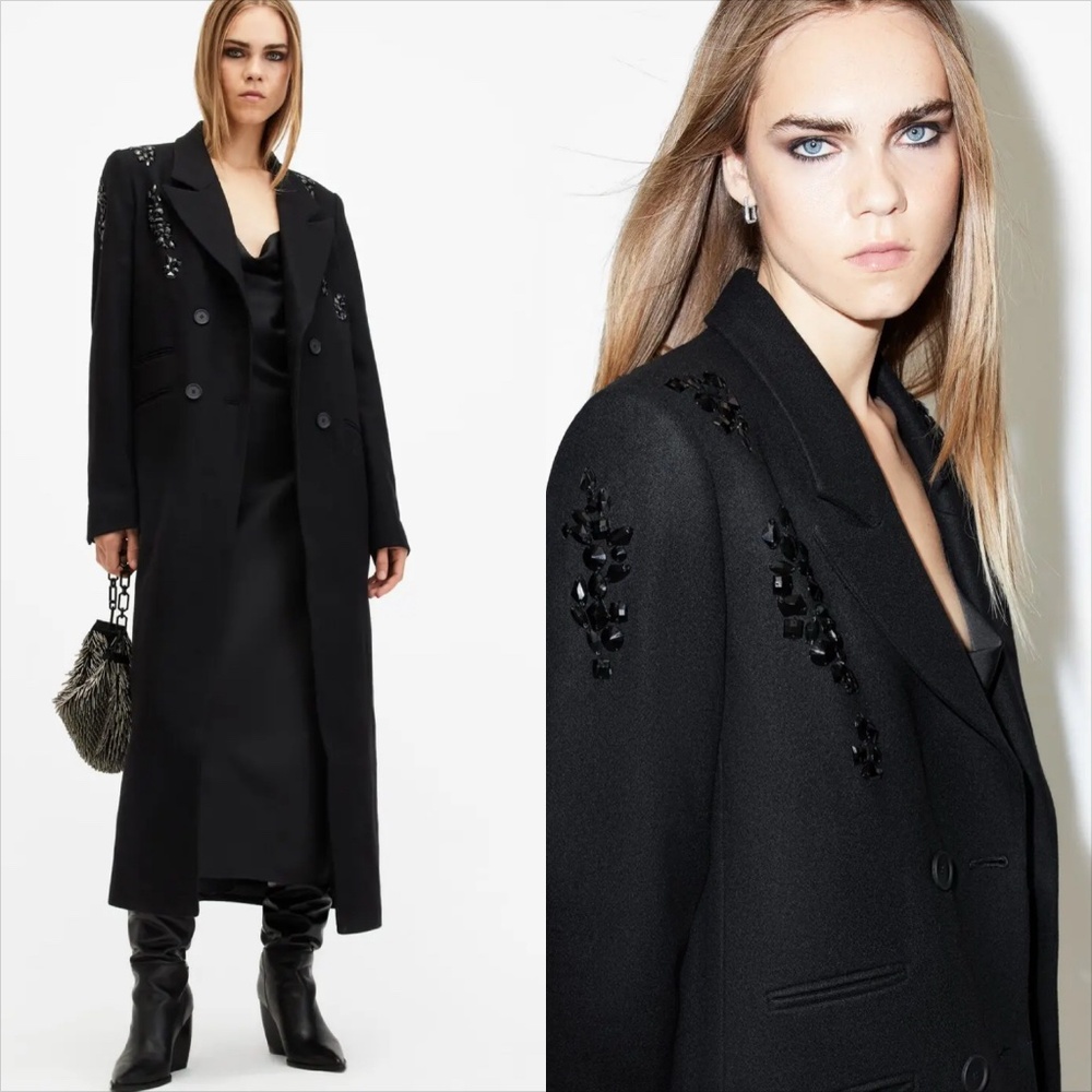 All saints Ellen embellished double breasted wool cashmere  maxi coat